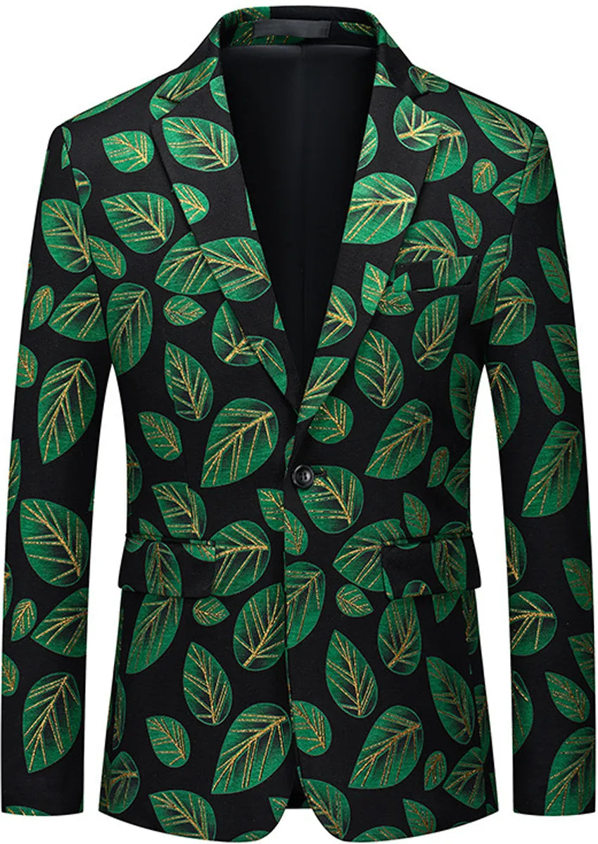 Men's One-button Green Leaf Jacquard Black Blazer