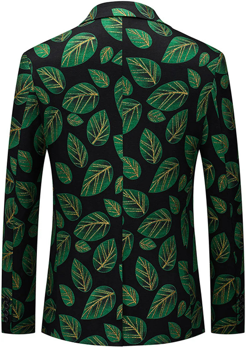 Men's One-button Green Leaf Jacquard Black Blazer