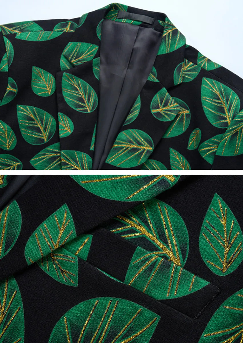 Men's One-button Green Leaf Jacquard Black Blazer