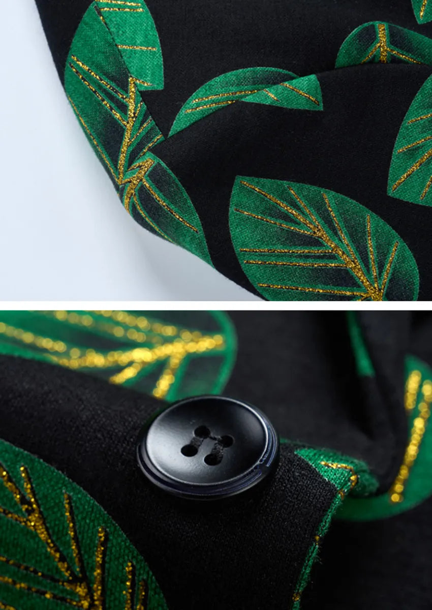 Men's One-button Green Leaf Jacquard Black Jacket