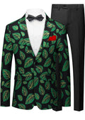 Men's One-button Green Leaf Jacquard Black Jacket
