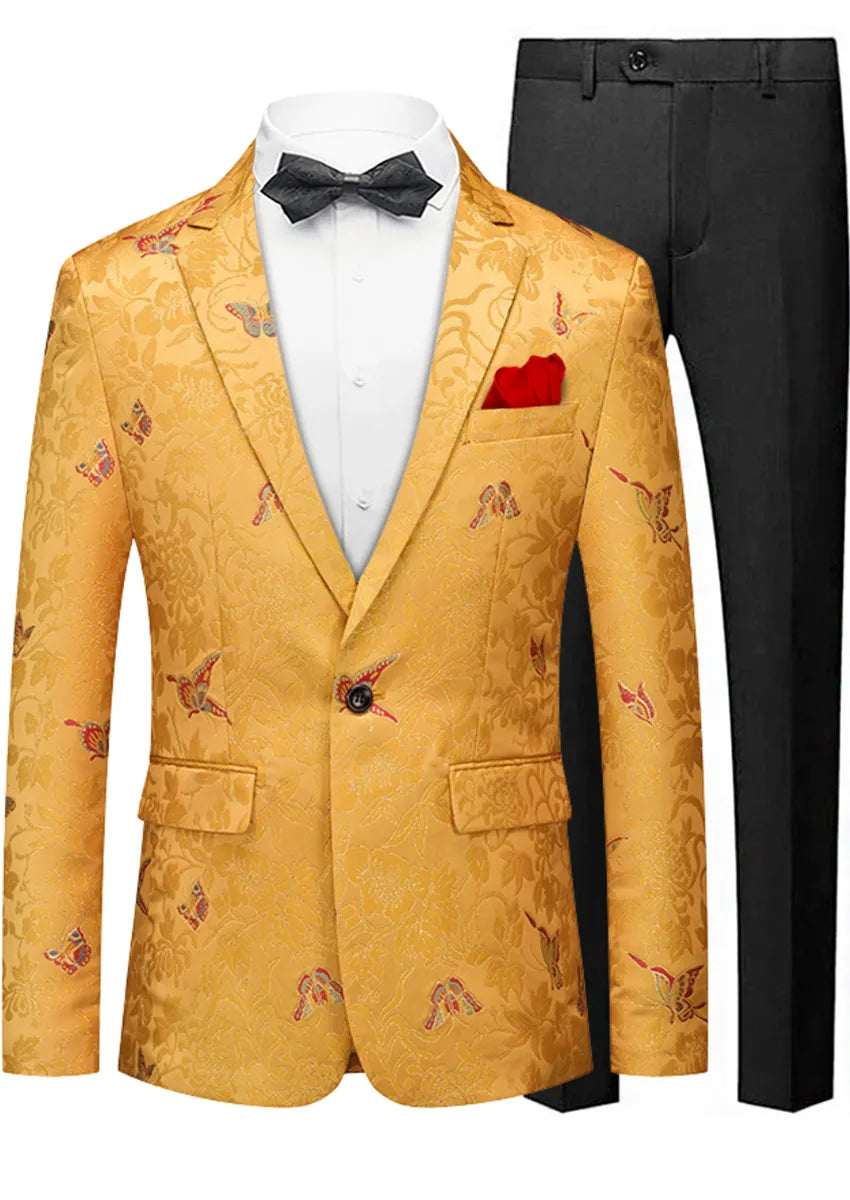 Men's One Buttom Slim Fit Butterfly Jacquard Yellow Jacket