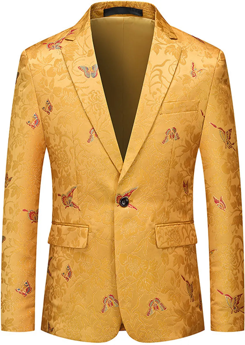 Men's One Buttom Slim Fit Butterfly Jacquard Yellow Jacket