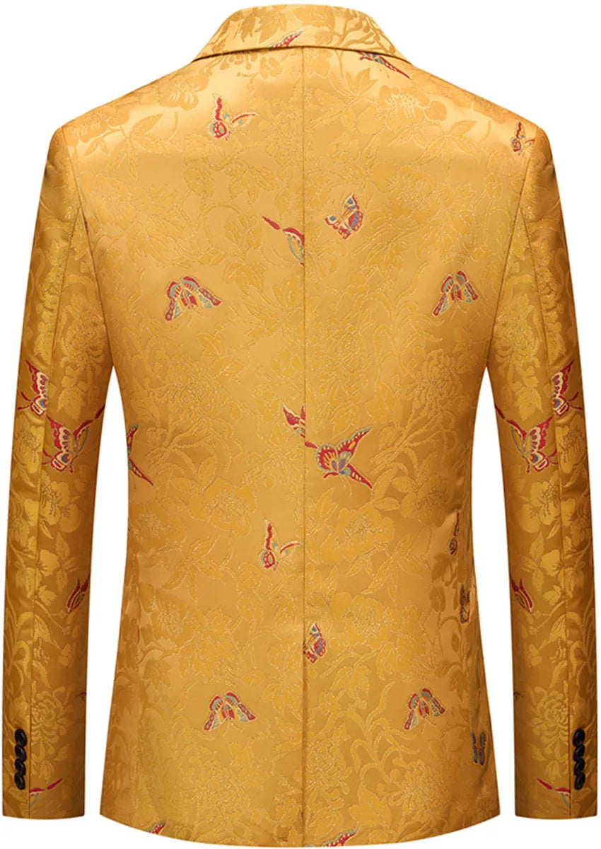 Men's One Buttom Slim Fit Butterfly Jacquard Yellow Jacket