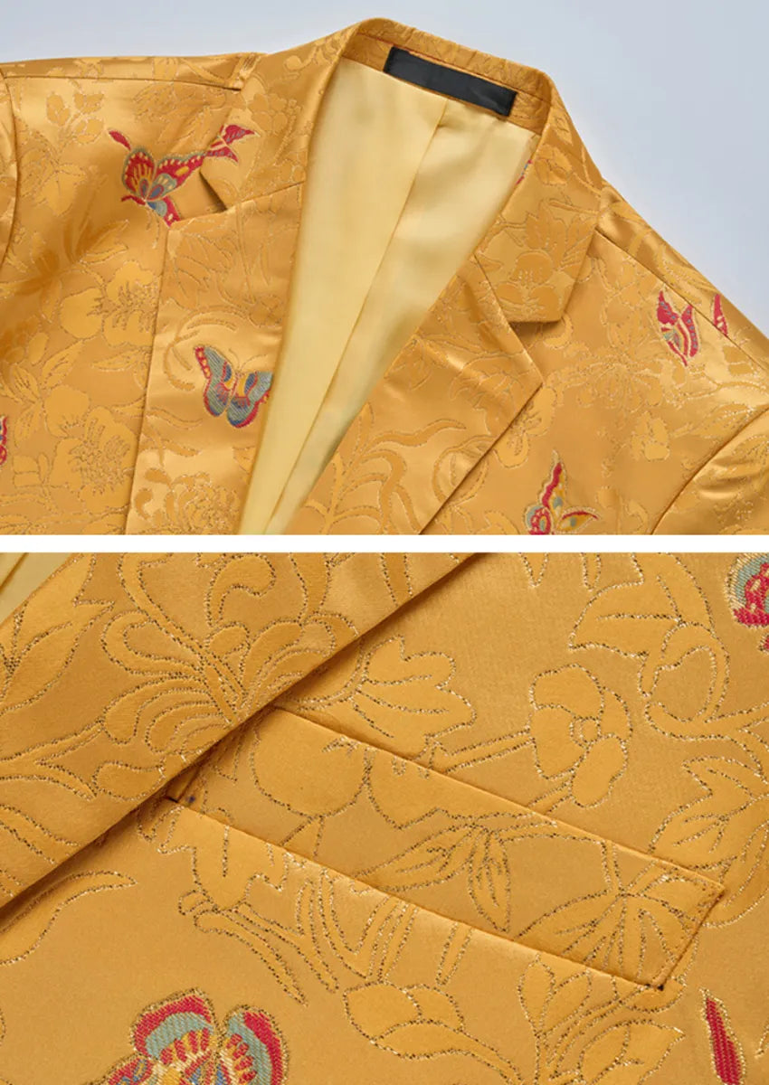 Men's One Buttom Slim Fit Butterfly Jacquard Yellow Jacket