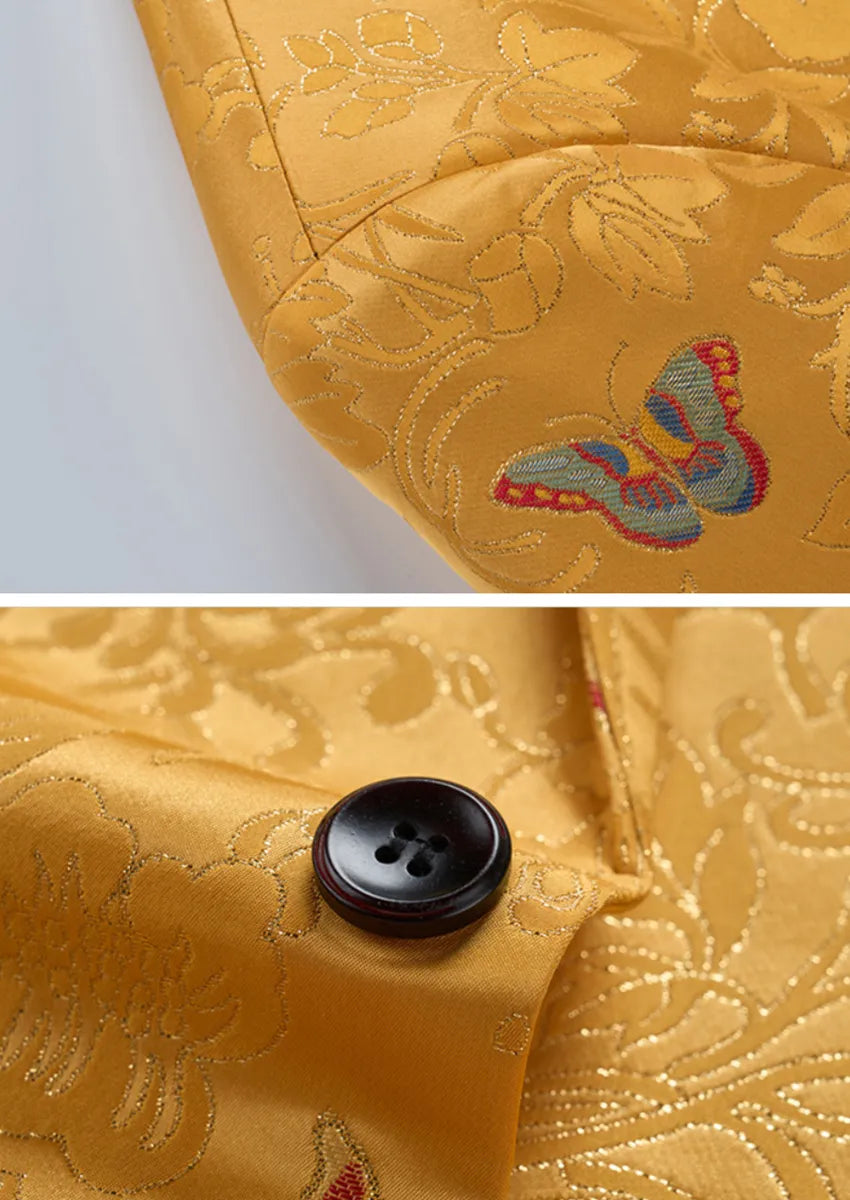 Men's One Buttom Slim Fit Butterfly Jacquard Yellow Jacket