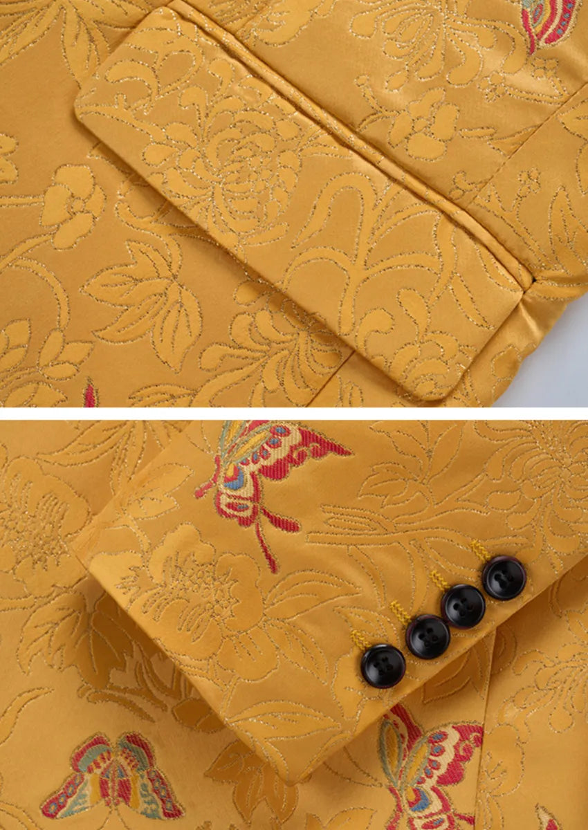 Men's One Buttom Slim Fit Butterfly Jacquard Yellow Jacket