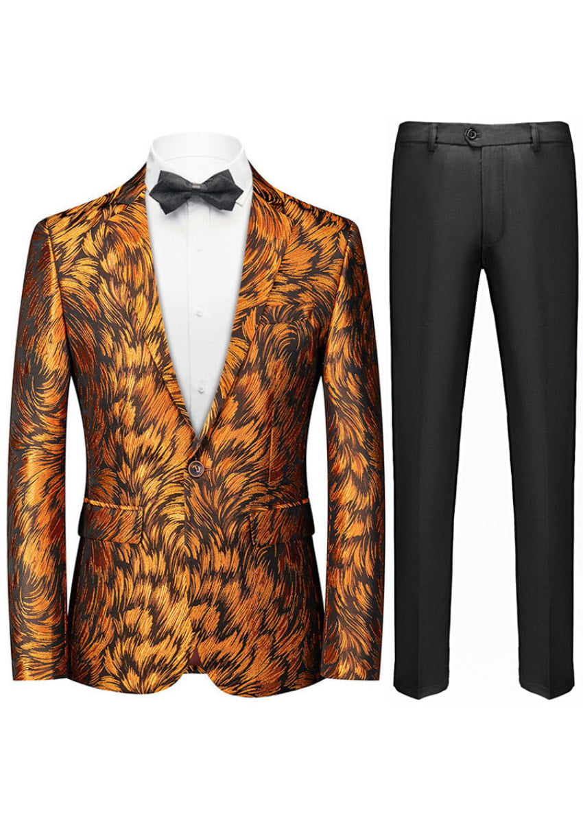 Men's Orange Plume Jacquard Black Tuxedo Jacket