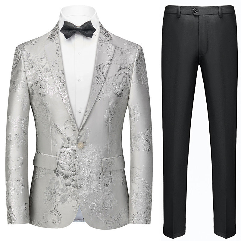Men's Peak Lapel One Button Jacquard Silver Tuxedo