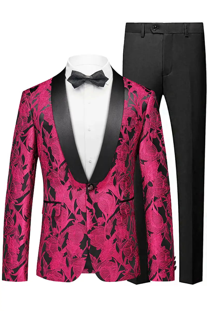 Men's 2-Piece Shawl Lapel Magenta Jacquard Black Tuxedo