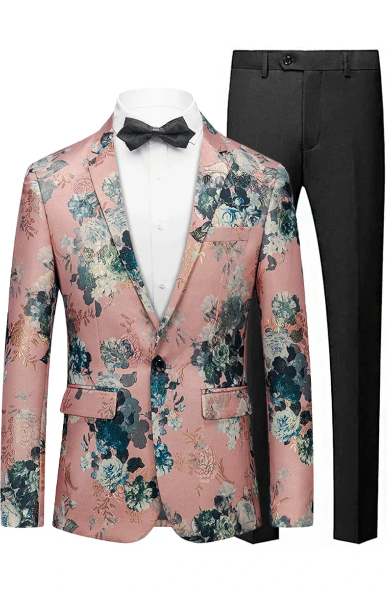 Men's One Button Notched Lapel Blue Jacquard Pink Suit Jacket