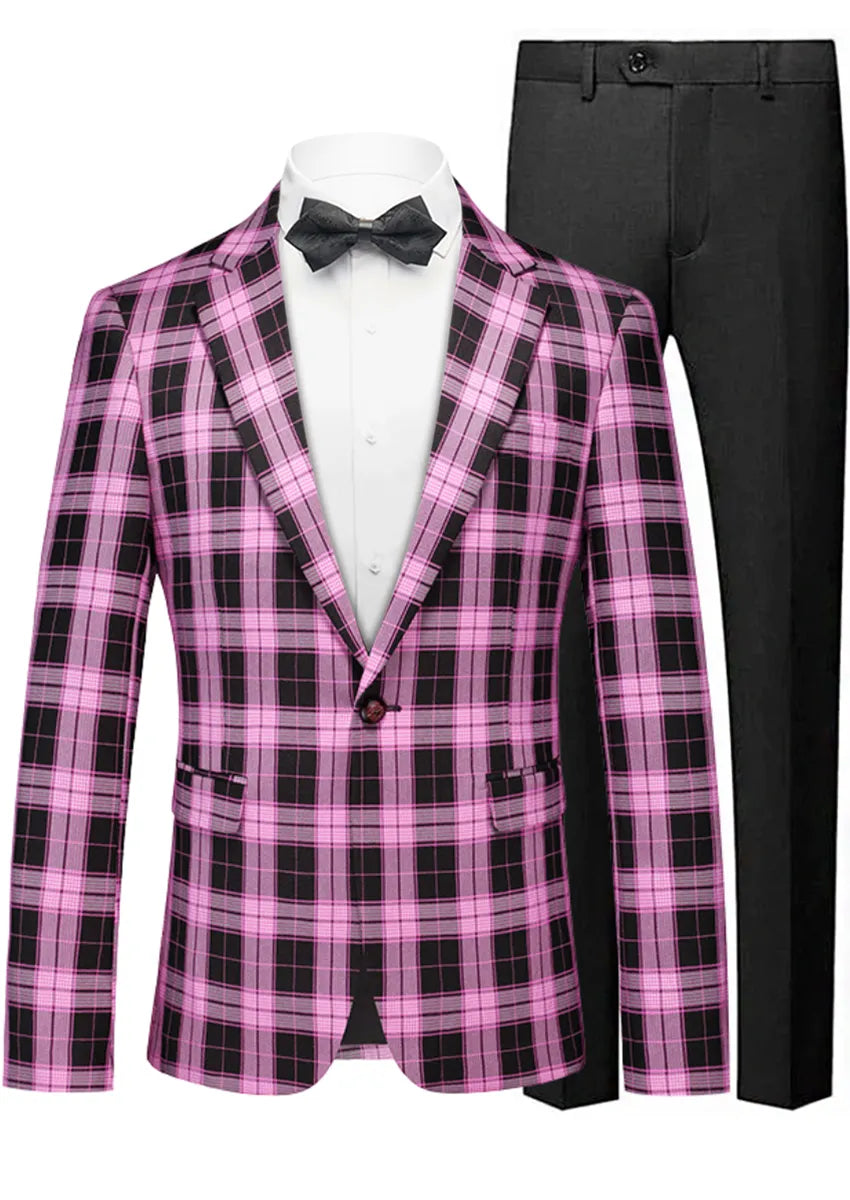 Men's Plaid Slim Fit Purple and Black Plaid Blazer