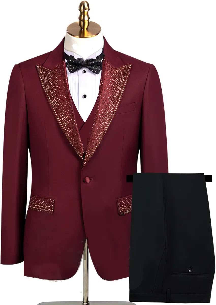 Men’s Burgundy 3-Piece Hotfix Crystal Peak Lapel Tuxedo