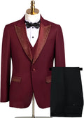 Men’s Burgundy 3-Piece Hotfix Crystal Peak Lapel Tuxedo Set
