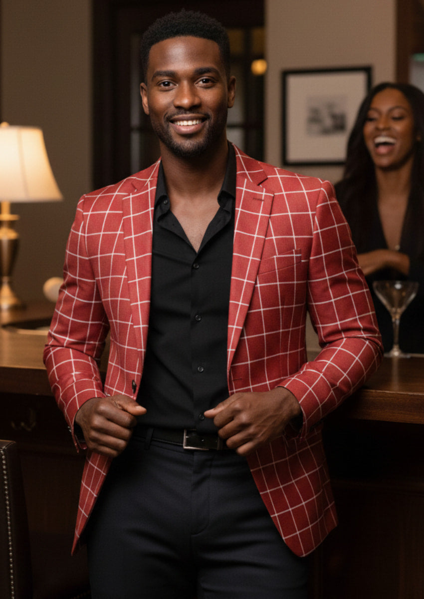 Men’s Red Plaid One Button Casual Blazer