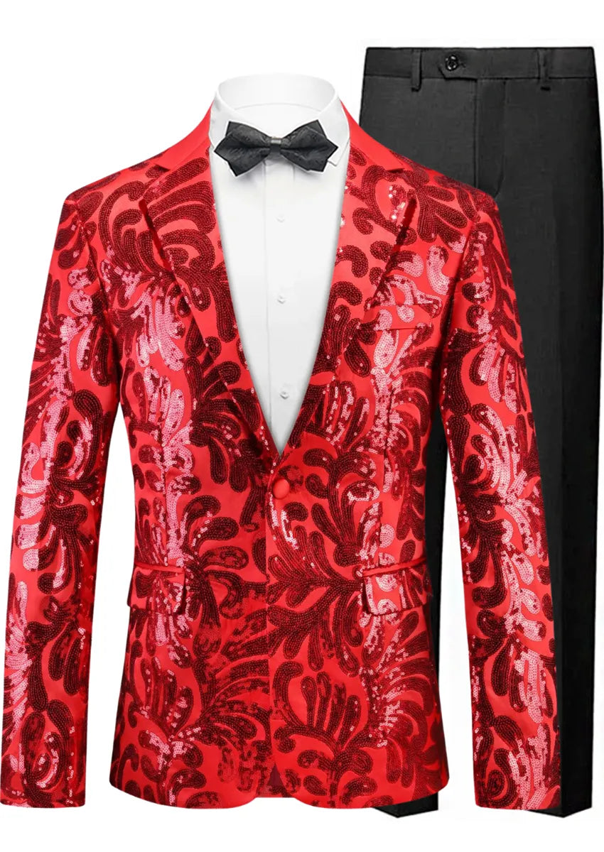 Men's Notch Lapel Embroidered Paisley Red Sequin Suit