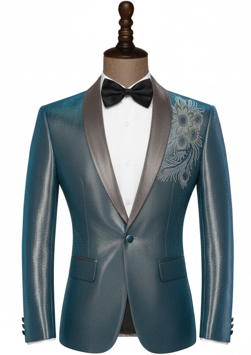 Men's Sequin Embroidered Shawl Lapel Teal blue Tuexdo