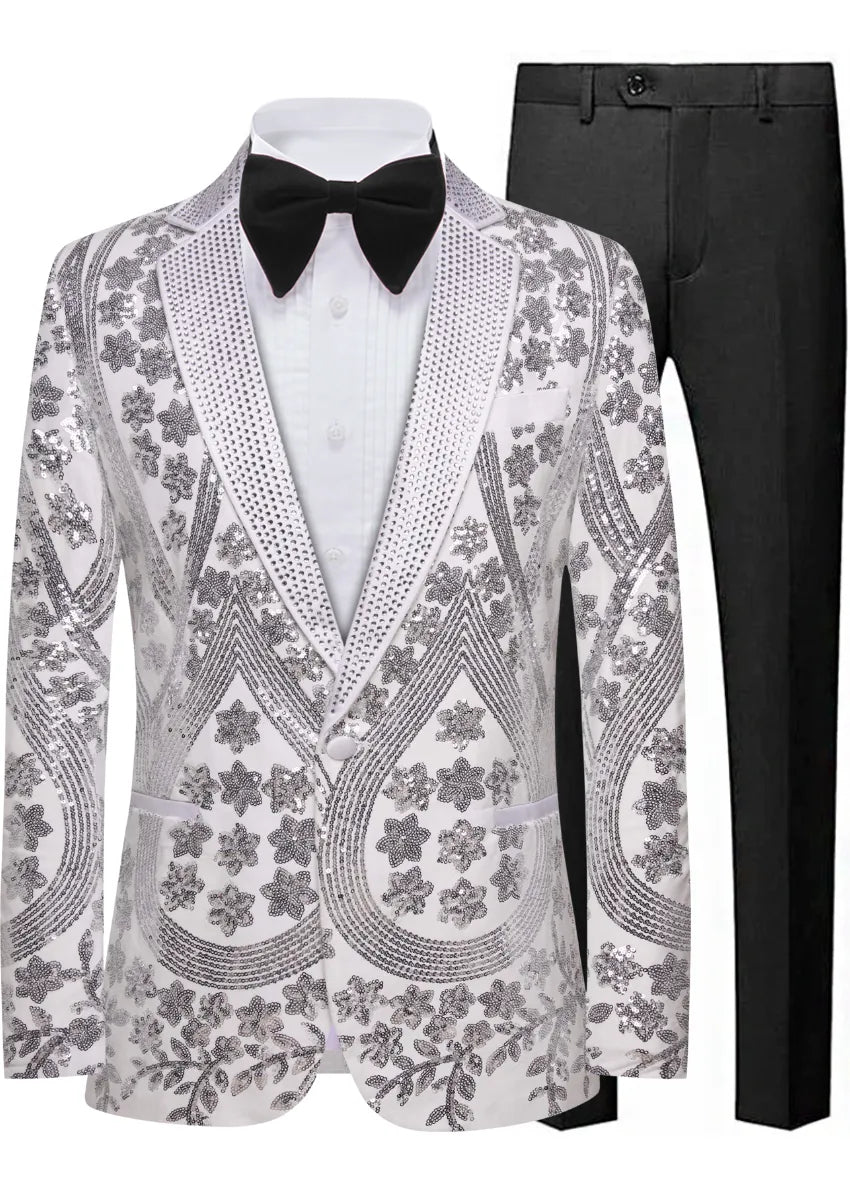 Men's Sequin Six-pointed Star White Luxury Tuxedo