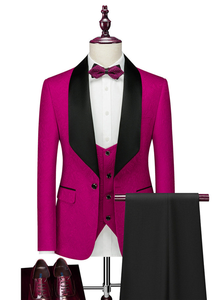 Men's Shawl Collar 3-Piece Jacquard Magenta Tuxedo