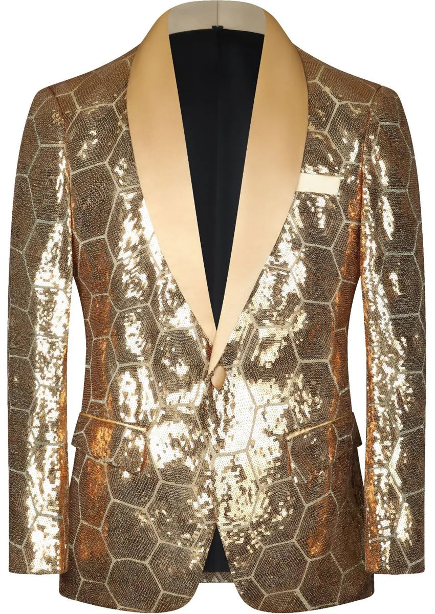 Men's Shawl Collar Hexagonal Gold Sequin Tuxedo