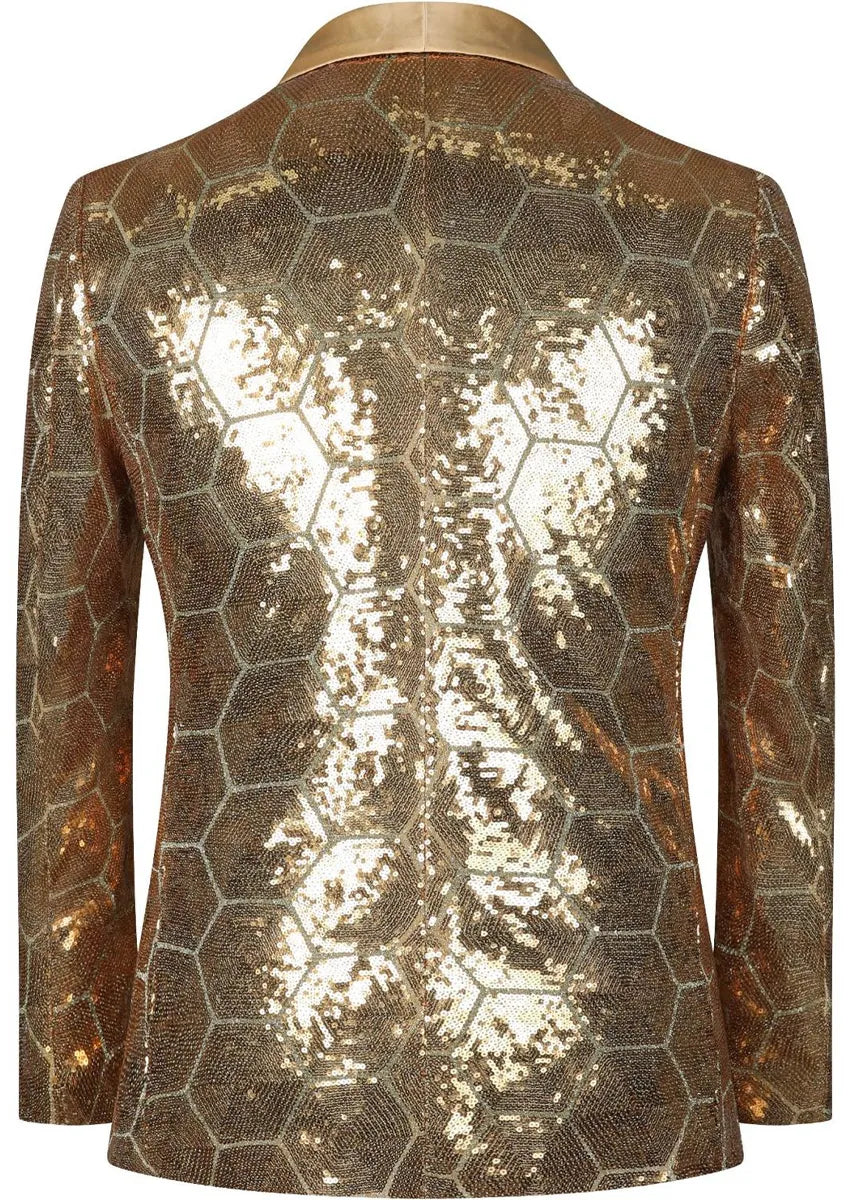 Men's Shawl Collar Hexagonal Gold Sequin Tuxedo