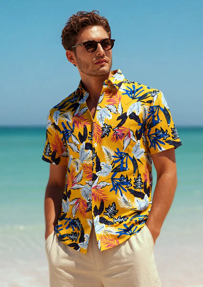 Men's Short Sleeve Hawaiian Shirt Wrinkle-free and Breathable Lemon Yellow