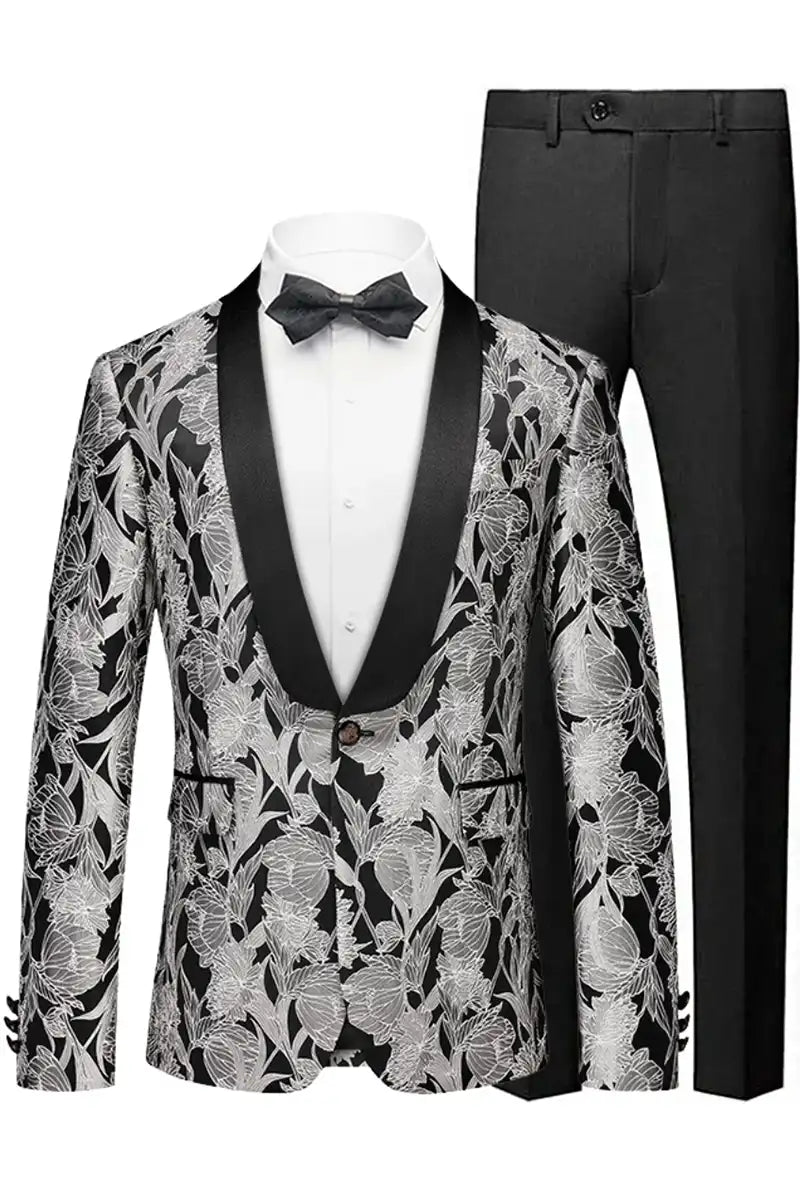 Men's  2-Piece Shawl Lapel Silver Jacquard Black Tuxedo