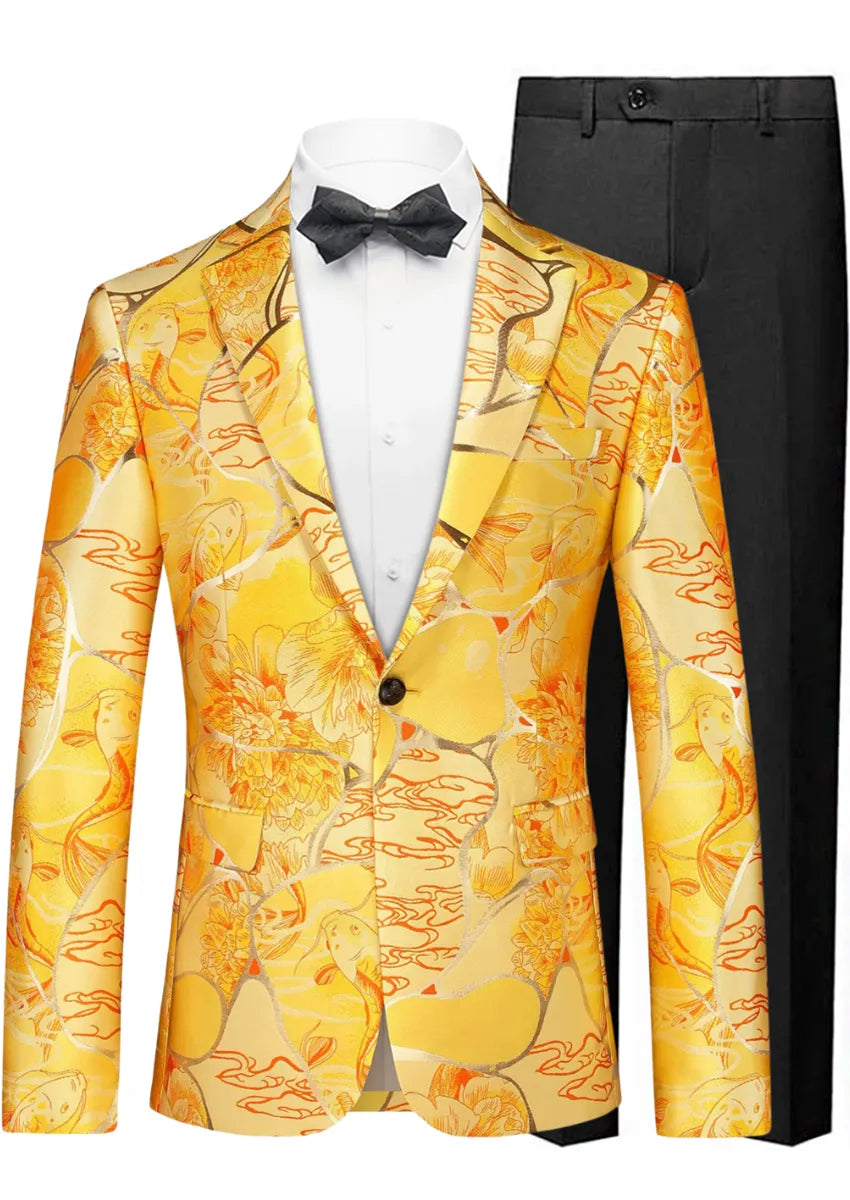 Men's Slim-Fit Floral Jacquard with Gold Accents Gold Blazer