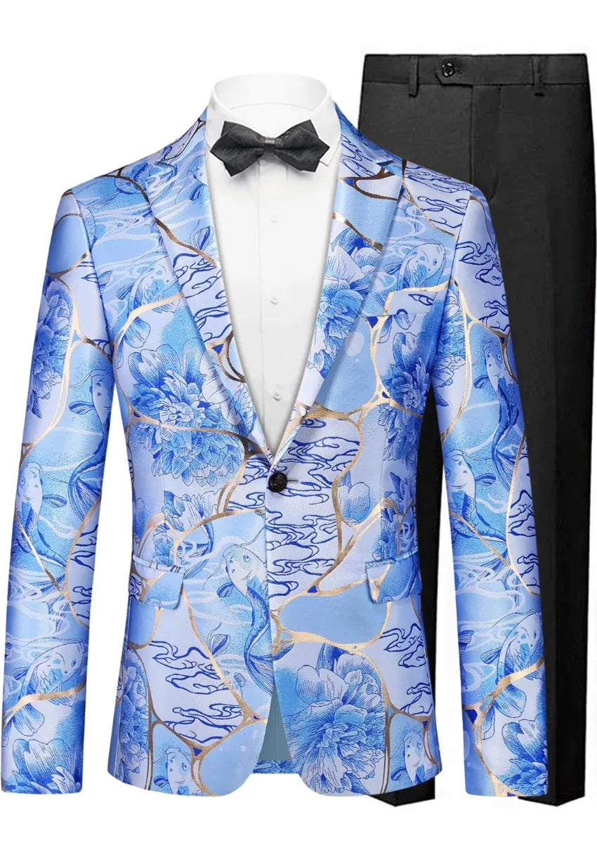 Men's Slim-Fit Floral Jacquard with Gold Accents Blue Blazer