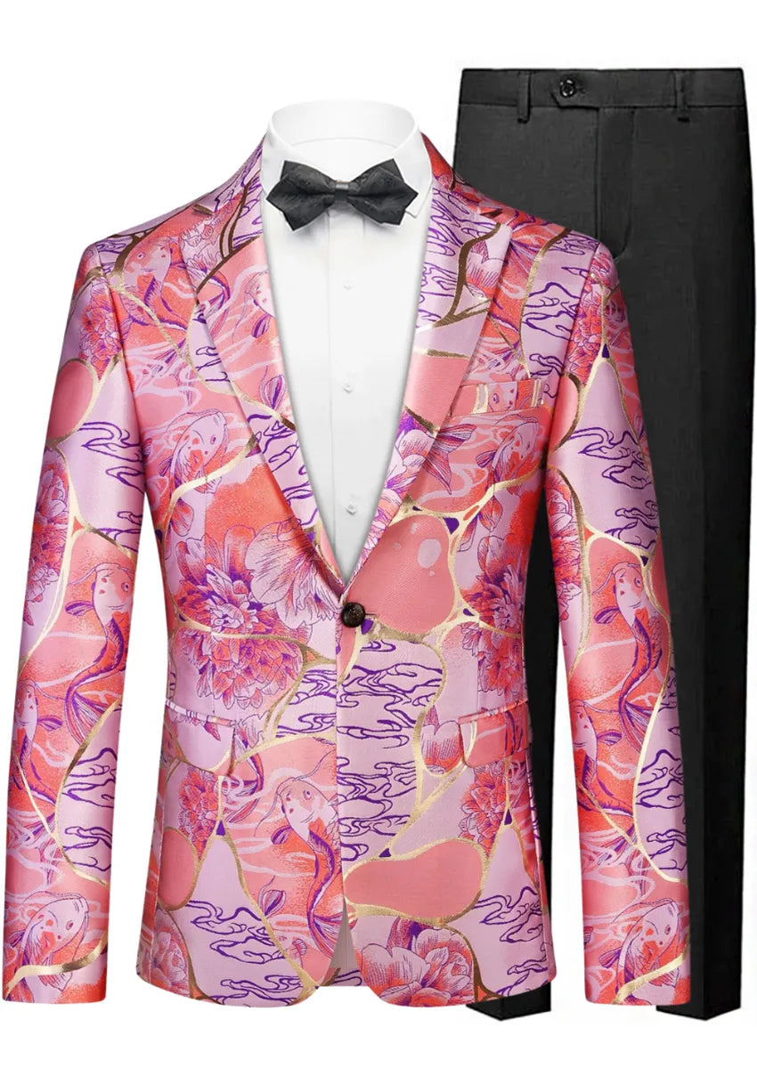 Men's Slim-Fit Floral Jacquard with Gold Accents Pink Blazer
