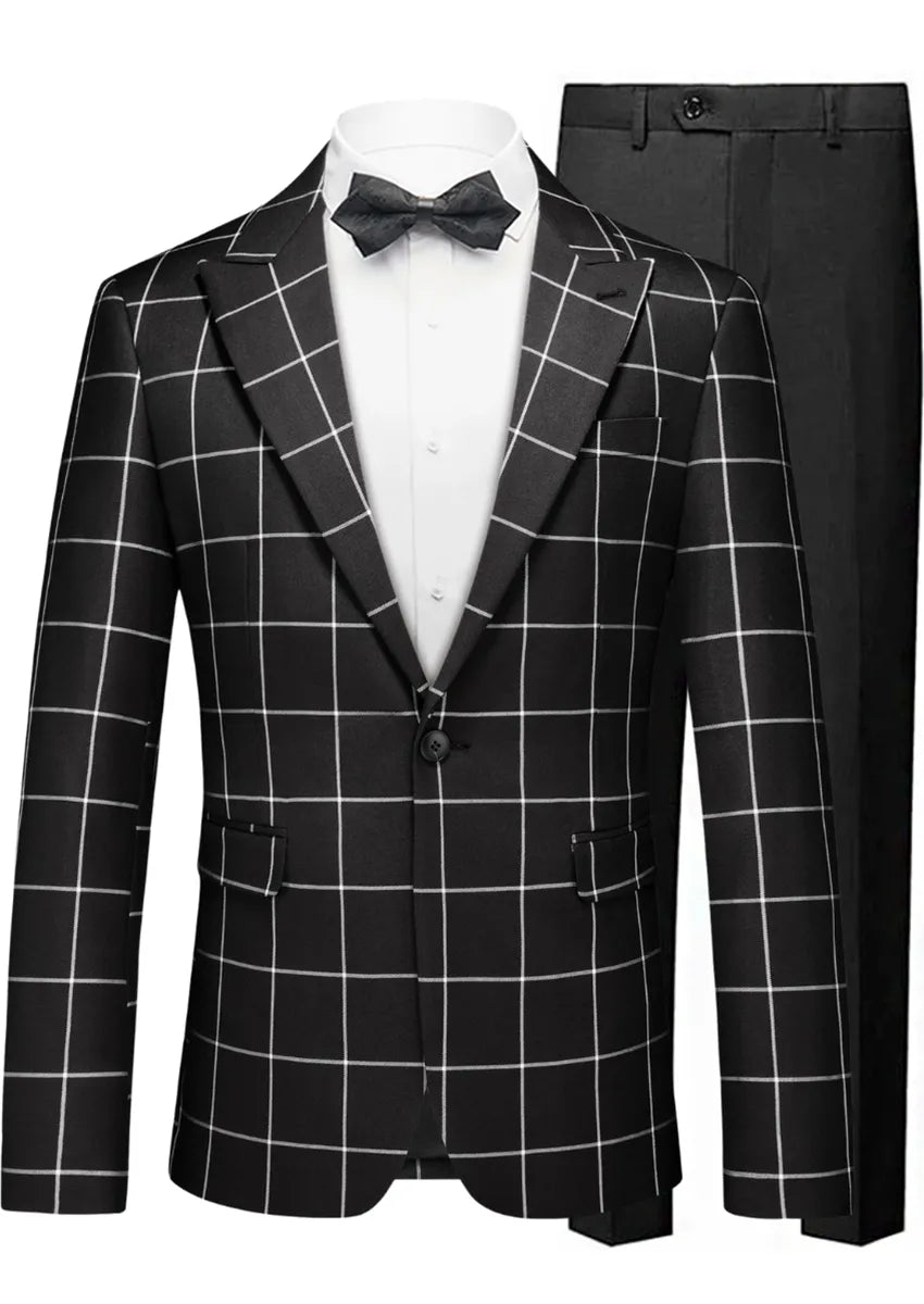 Men’s Slim Fit Black Plaid One Button Casual Blazer
