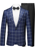 Men’s Slim Fit Navy Plaid One Button Casual Blazer