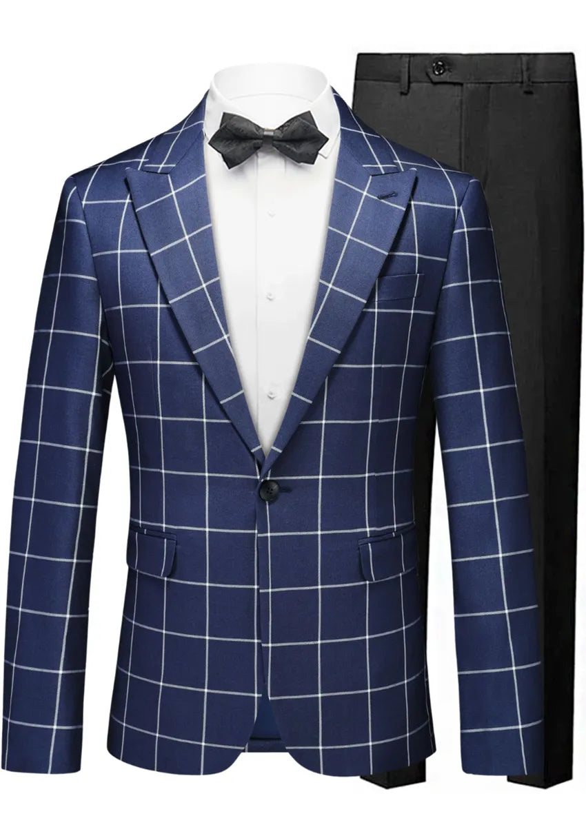 Men’s Slim Fit Navy Plaid One Button Casual Blazer