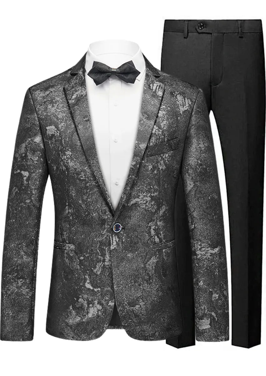 Men's Slim Fit One-Button Abstract Print Black Jacket