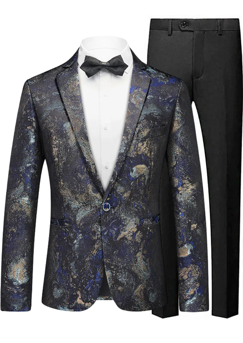 Men's Slim Fit One-Button Abstract Print Navy Jacket