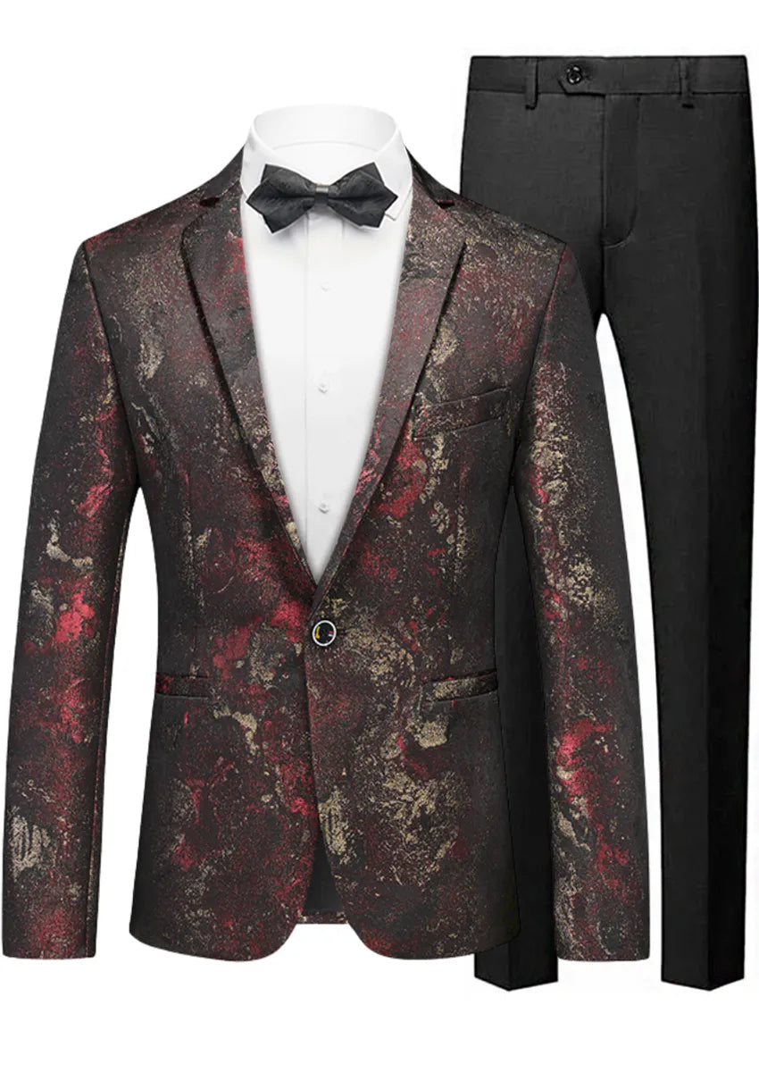 Men's Slim Fit One-Button Abstract Print Brown Jacket