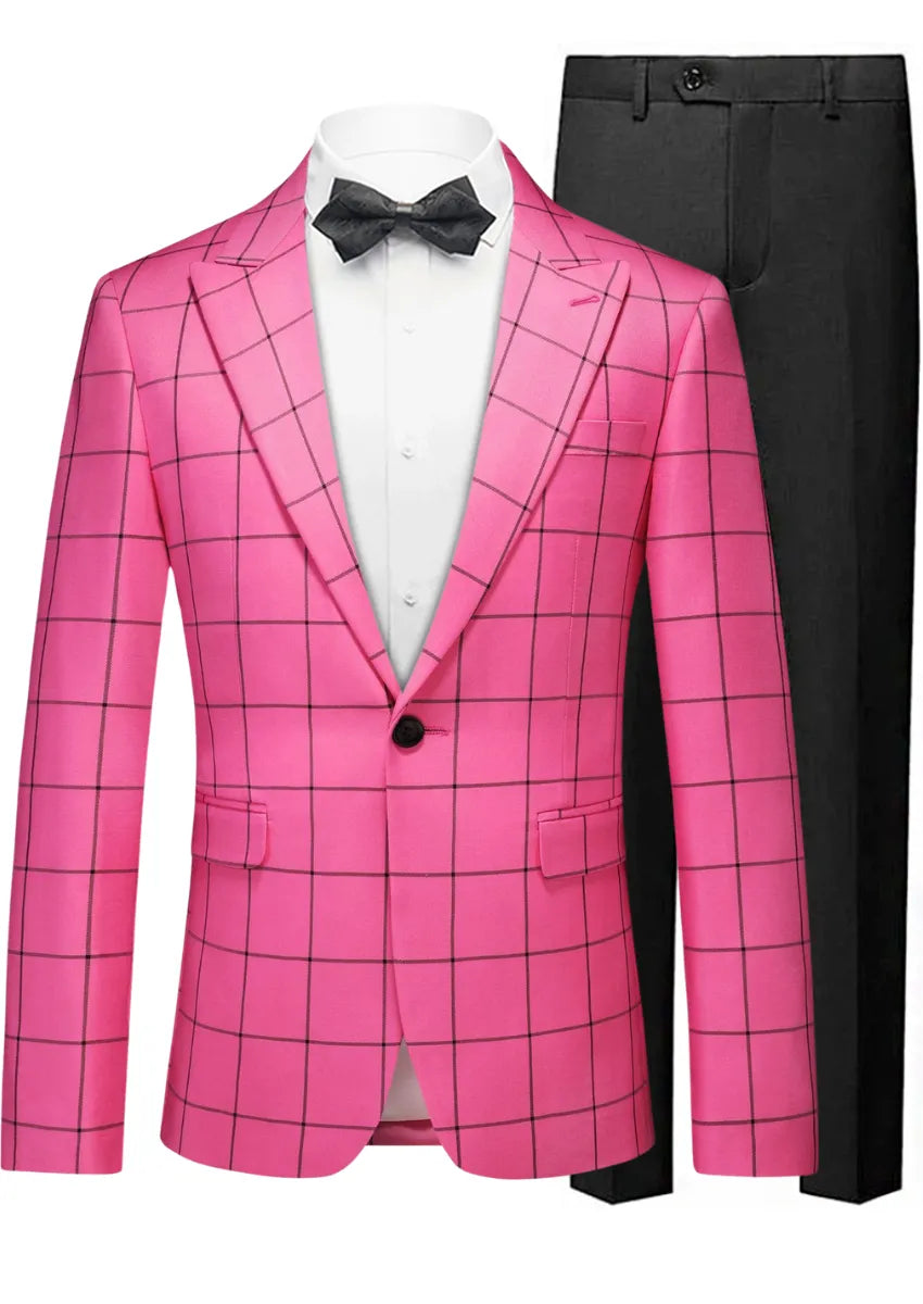 Men’s Slim Fit Pink Plaid One Button Casual Blazer