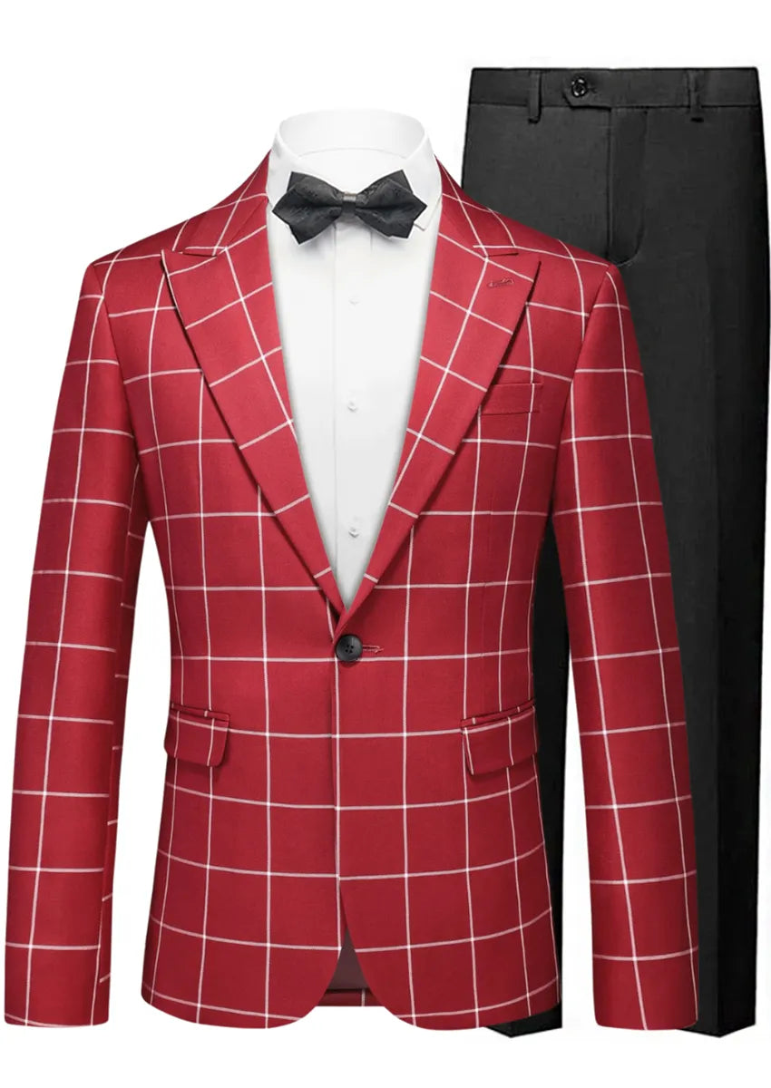 Men’s Slim Fit Red Plaid One Button Casual Blazer