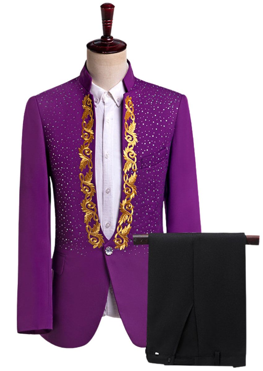 Men’s Stand Collar Embroidered Purple Suit