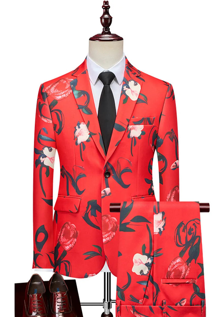 Men’s Stylish 2-Piece Floral Print Red Suit Set