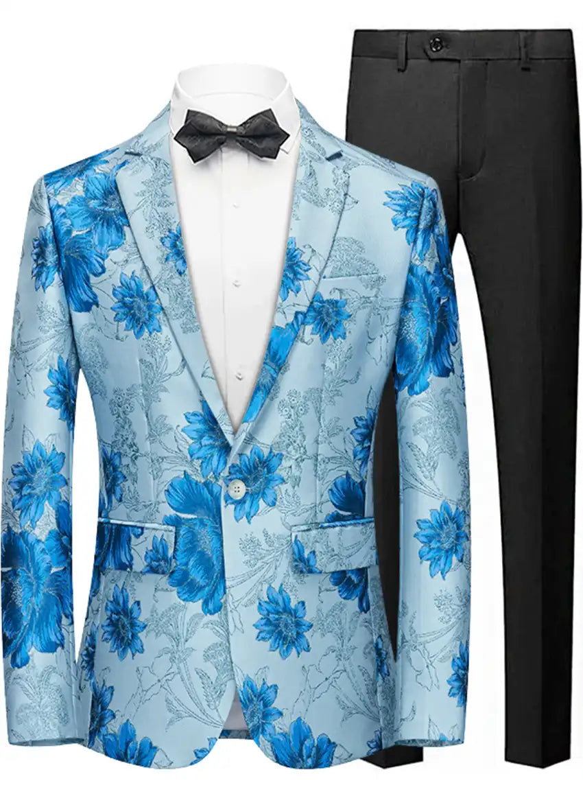 Men's Notched Lapel Blue Floral Jacquard Blazer with One Button