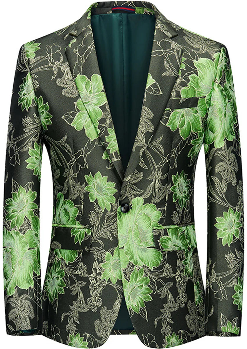 Men's Stylish Green Floral Jacquard Black Jacket