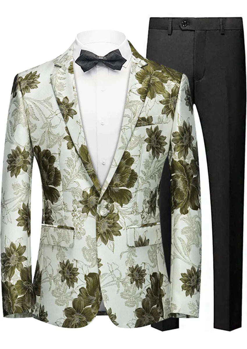 Men's Stylish Olive Green Floral Jacquard White Jacket