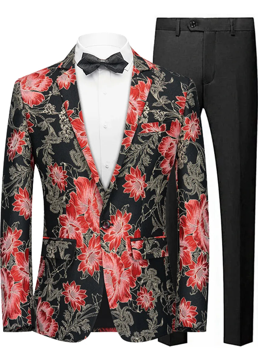 Men's Stylish Red Floral Jacquard Black Jacket
