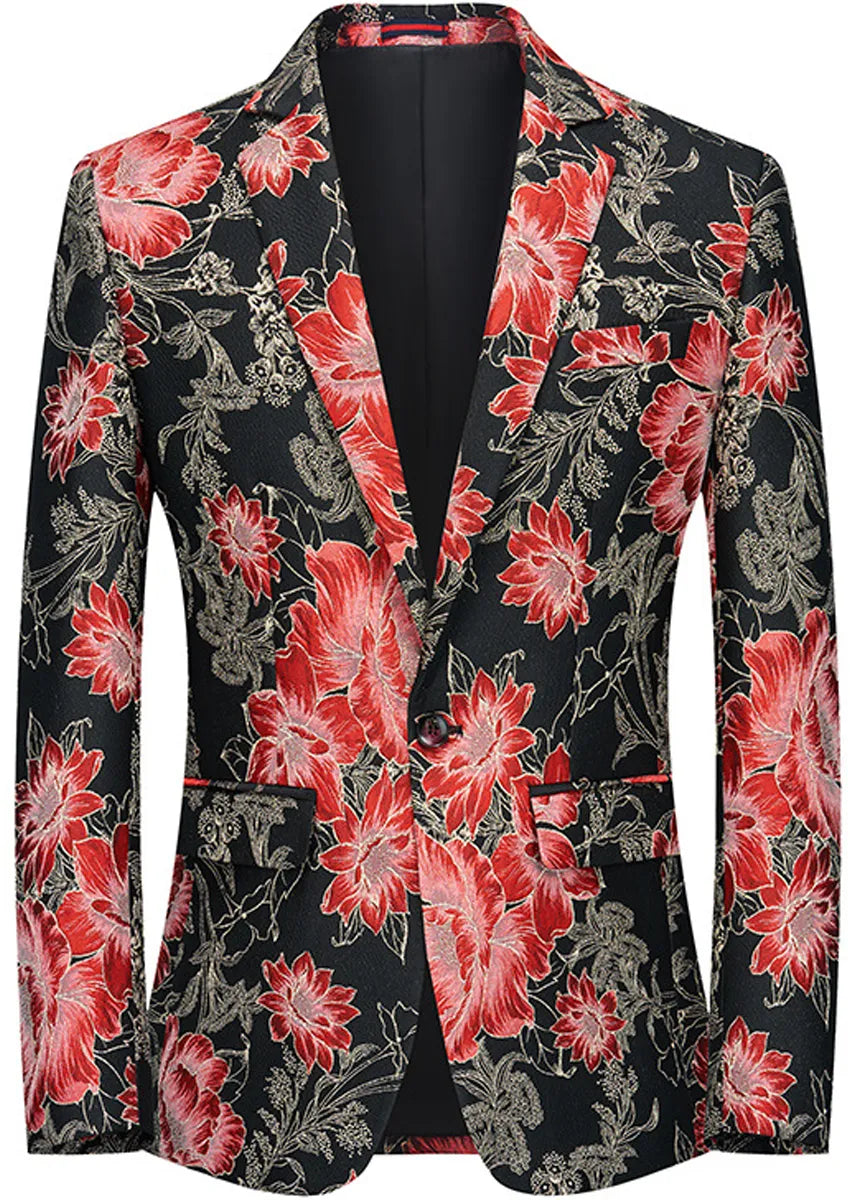 Men's Stylish Red Floral Jacquard Black Jacket