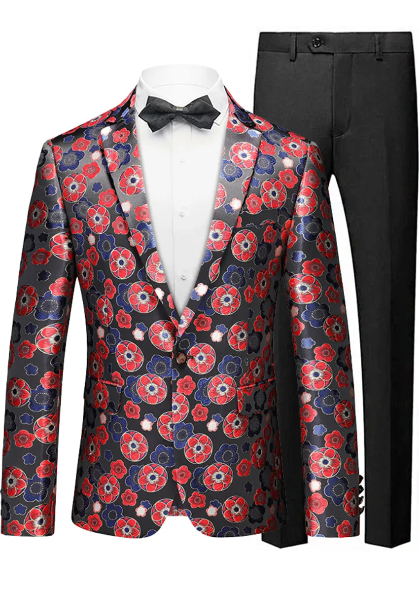 Men's Stylish Red Floral Jacquard One-Button Black Blazer