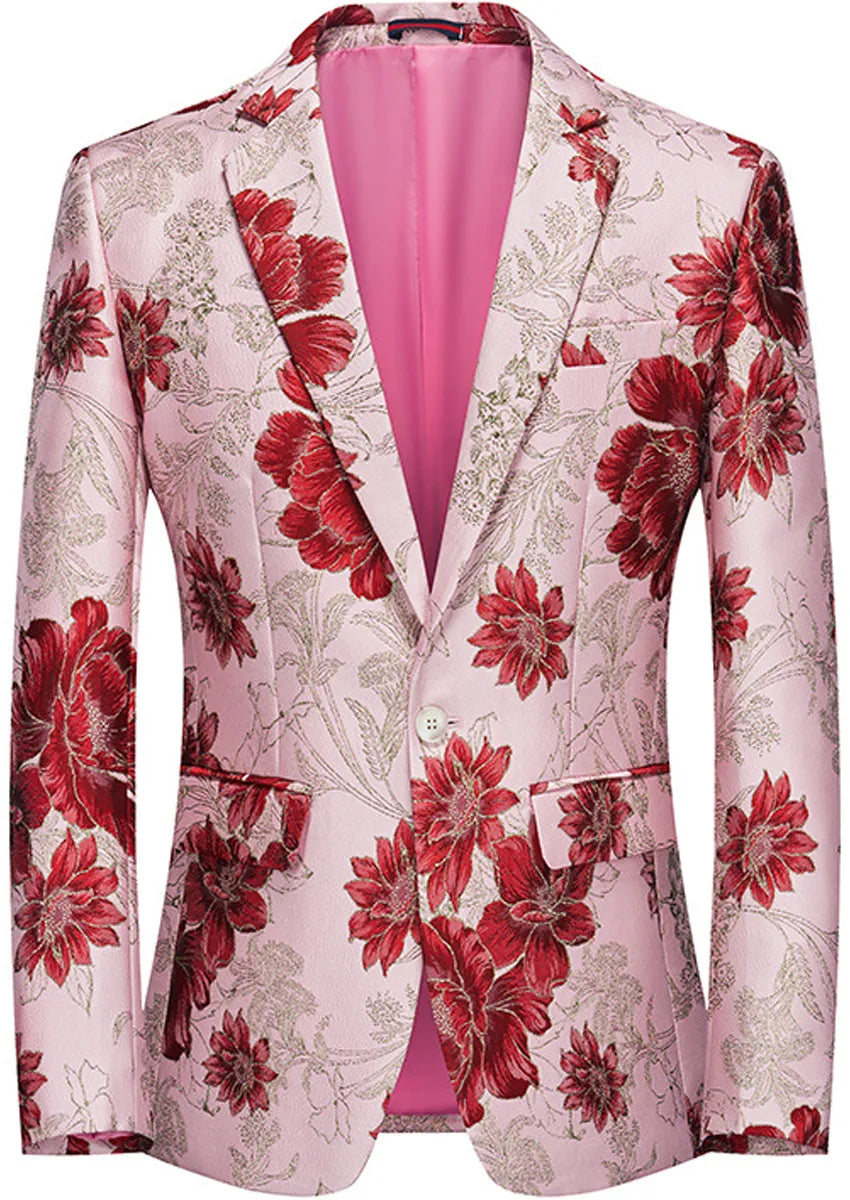 Men's Stylish Red Floral Jacquard Pink Jacket
