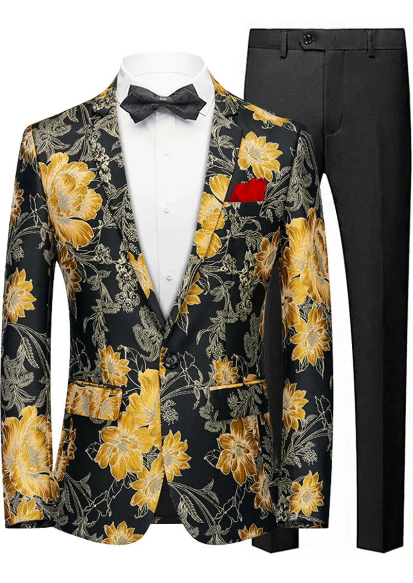 Men's Stylish Yellow Floral Jacquard Black Jacket