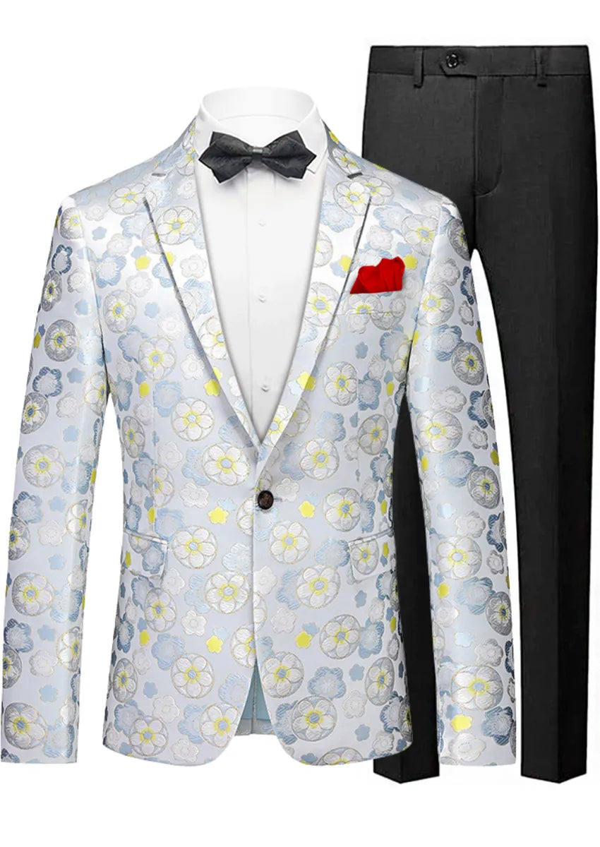 Men's Stylish Yellow Floral Jacquard One-Button White Blazer