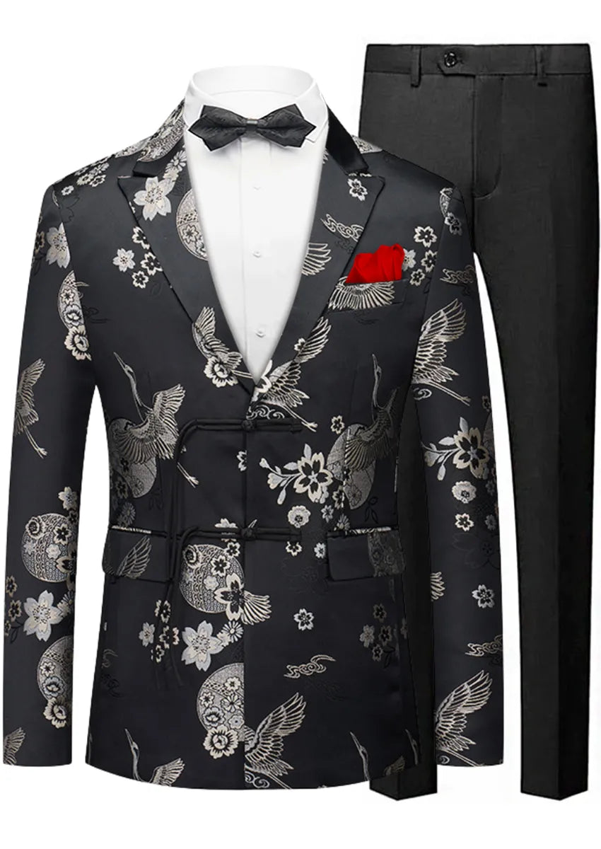 Men's Tang Style Silver Jacquard Black Jacket